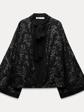 ZARA Black Sequin Floral Tie-Neck Jacket